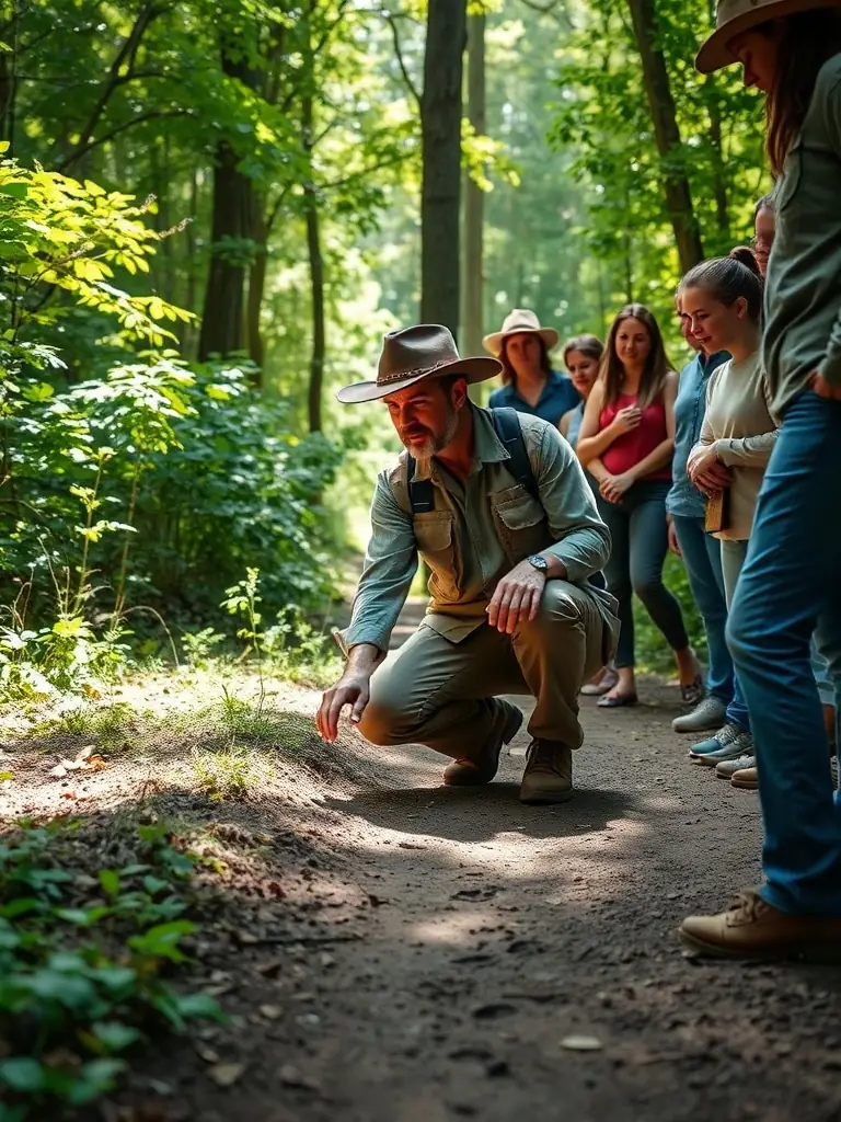 A close-up shot of a wildlife expert demonstrating tracking techniques during a workshop organized by LA P'TITE PLUME DU GOUPIL, highlighting practical skills in wildlife management.