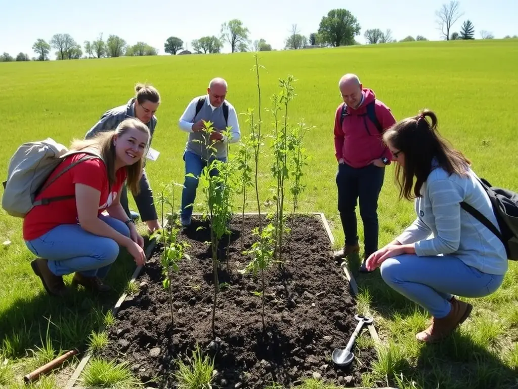 An image depicting volunteers planting trees as part of an environmental awareness initiative, showcasing community involvement and ecological restoration.