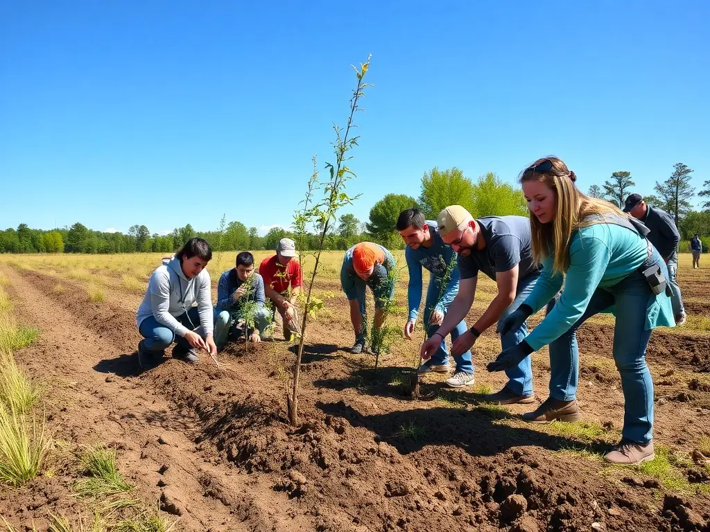 A photo of a group of volunteers cleaning up a forest area, emphasizing community involvement and environmental stewardship.