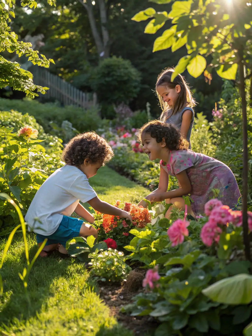 An image showing children participating in an environmental education program organized by LA P'TITE PLUME DU GOUPIL, learning about local flora and fauna in a natural setting.