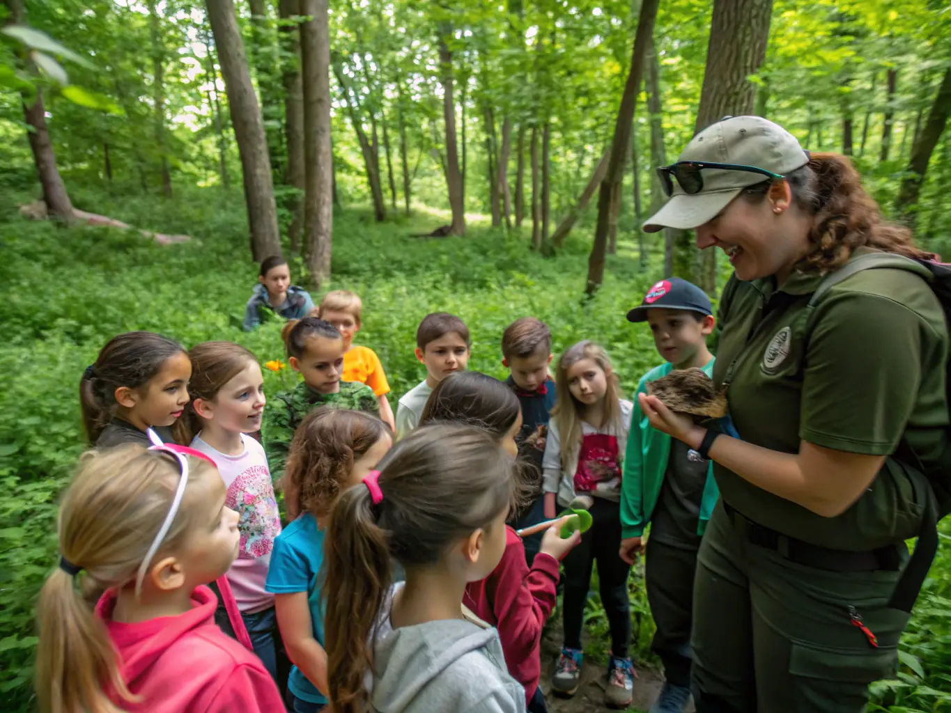 A group of children learning about wildlife and conservation in a forest setting, highlighting the importance of education.
