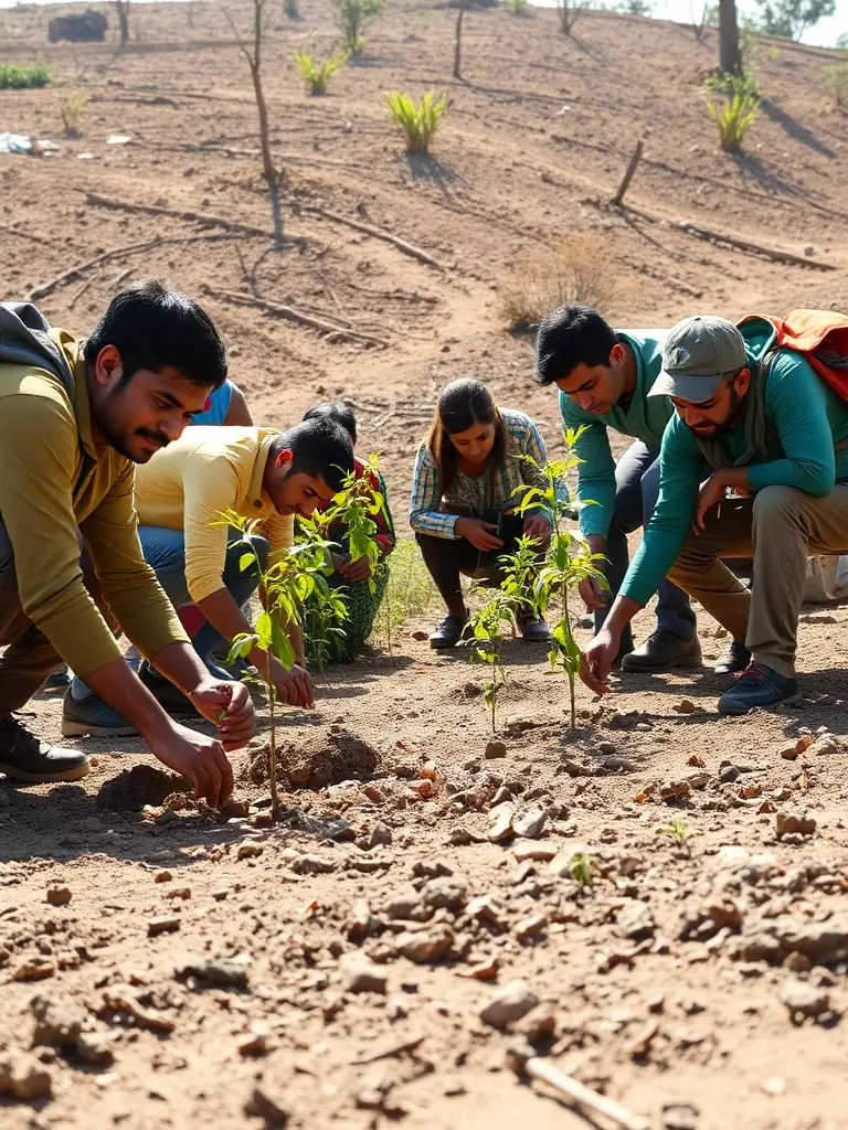 A group of volunteers planting trees in a deforested area, symbolizing environmental restoration and community involvement.