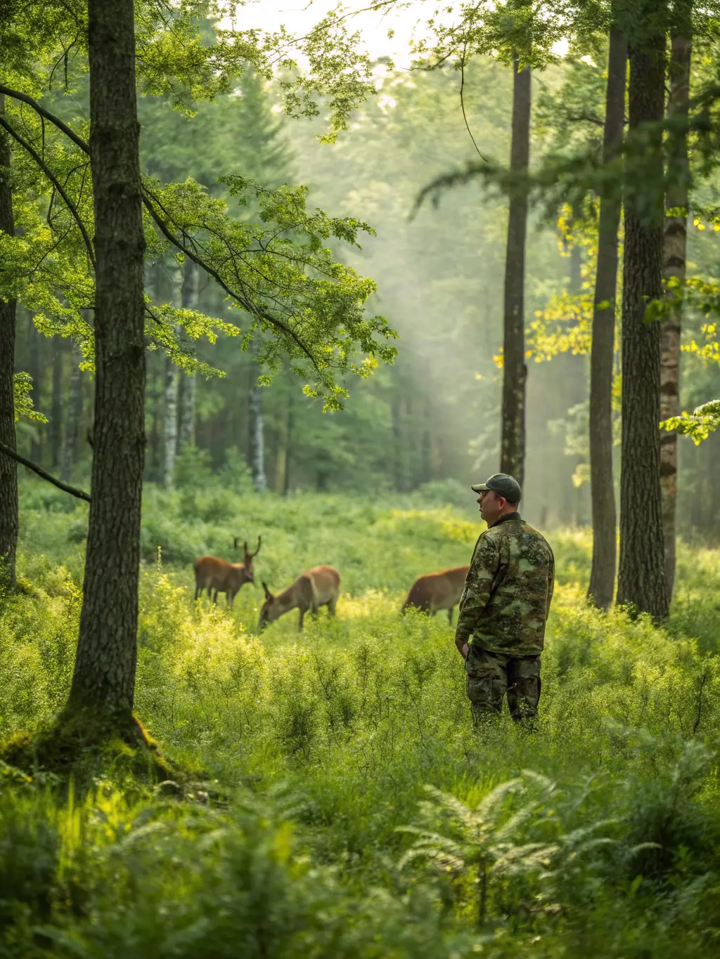 A photo of a healthy forest teeming with wildlife, representing the positive impact of sustainable hunting practices on the ecosystem.