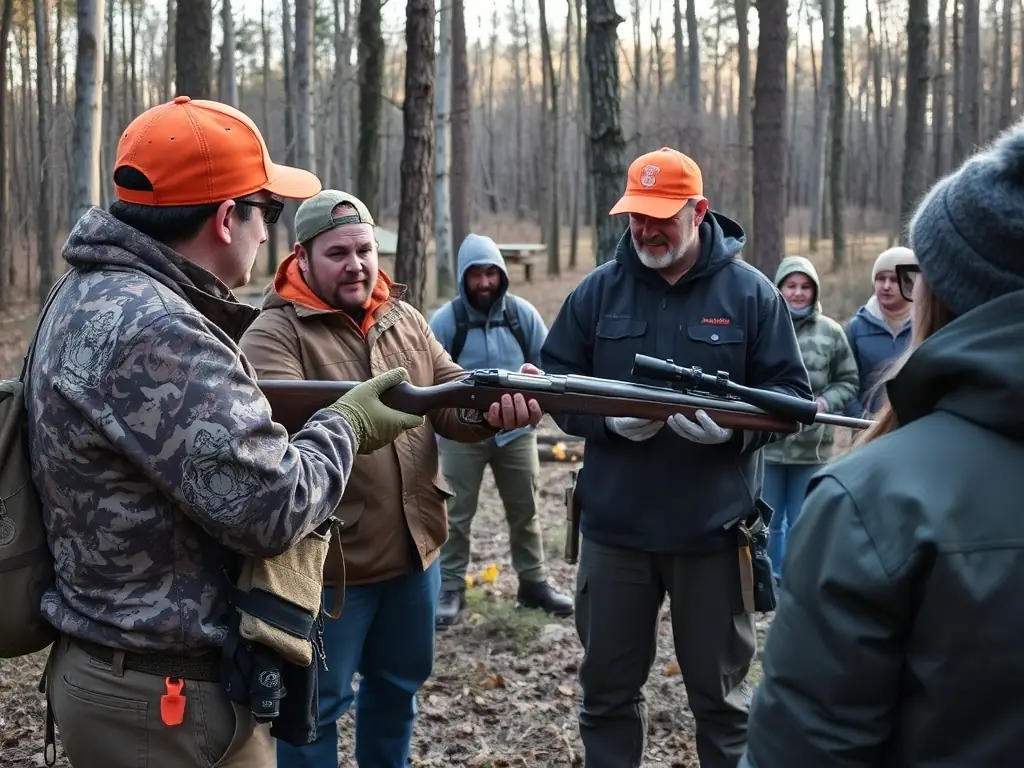 A photograph capturing a group of hunters participating in a regulated hunt, emphasizing safety and adherence to environmental guidelines in a natural setting.