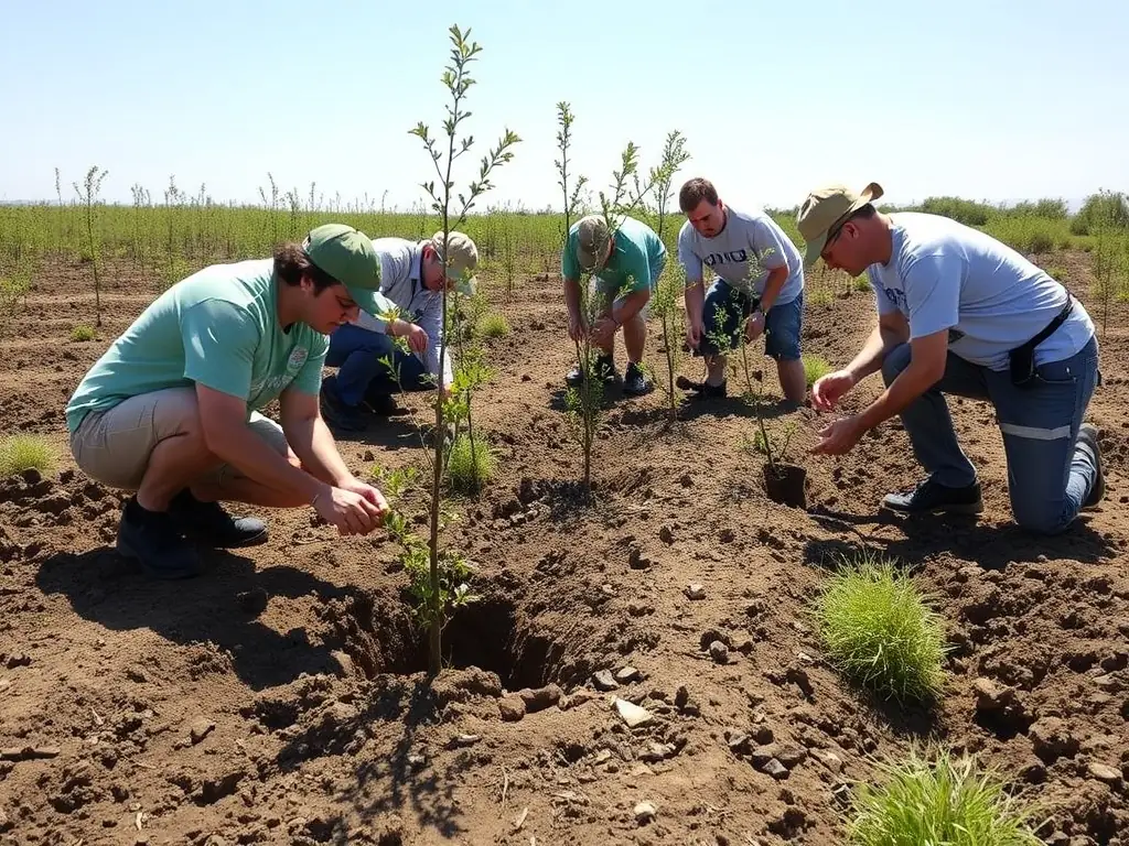 A group of volunteers planting trees in a deforested area, symbolizing environmental restoration and community involvement.