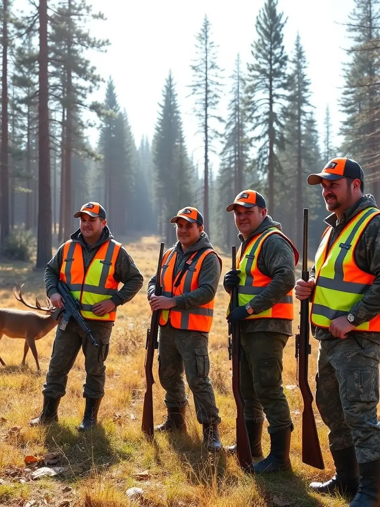 A photograph depicting a group of hunters participating in a regulated hunting activity in a forest managed by LA P'TITE PLUME DU GOUPIL, emphasizing safety and responsible hunting practices.