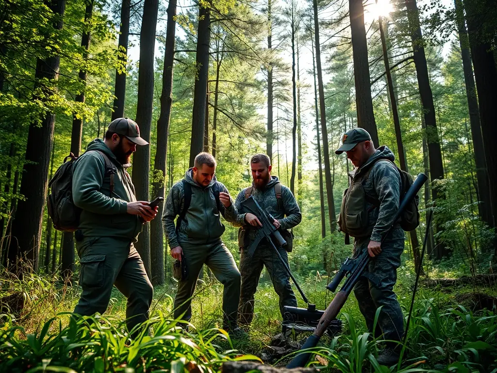 A group of hunters participating in a controlled hunt in a field, with a focus on sustainable practices and respect for the environment.
